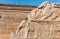 Sculpture on stone as stairway side at Royal Enclosure, Hampi, Karnataka, India