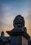 Sculpture of a stone lion on the Chain Bridge in Budapest