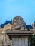 Sculpture of a stone lion on the Chain Bridge in Budapest