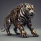 A sculpture of a tiger made of metal and gold. Generative AI image.