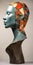 Sculpture of a woman\\\'s head in copper with deep teal shards