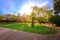 Sculpture of a women with a dove in the sunny autumn park in Prague near the Castle Hill, Prague, Czech Republic