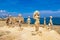 Sculptures coast and beach landscape panorama Can Picafort Mallorca Spain