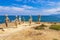 Sculptures coast and beach landscape panorama Can Picafort Mallorca Spain