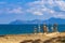 Sculptures coast and beach landscape panorama Can Picafort Mallorca Spain