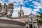 Sculptures in Fountain, perspective of old convent towers, Ministry of Foreign Affairs, Square of Necessities, Estrela - Lisbon