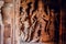 Sculptures of Shiva lord inside of 6th century Hindu temple in India. Architecture with carved walls in Badami
