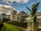 Sculptures and skyscrapers in Botanic garden in Brussels, Belgium