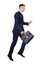 Scurrying businessman with his briefcase and mobile phone on white