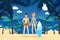 Sea activities result. Surfing on tropical island shore vector illustration. Man and woman in bathing suit standing on