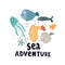 Sea adventure. cartoon fish, hand drawing lettering, decor elements. colorful vector illustration, flat style.