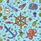 Sea adventures card. Marine hand drawn vector objects. Doodle style vector illustration.