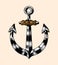 Sea anchor. Nautical or marine iron armature, ocean element. Hand drawn monochrome retro engraved old sketch. Vector