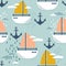 Sea anchors and boats, colorful seamless pattern. Marine background. Decorative cute wallpaper