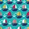 Sea anchors and boats, colorful seamless pattern. Marine background. Decorative cute wallpaper
