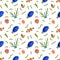 Sea animal seamless pattern with clownfish and surgeonfish coral and shell. Undersea world habitants print.