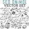 Sea Animal Vector Set with dolphins, whales, sharks, squid, fish, seahorses, crustaceans, and starfish.