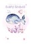 Sea animals aquarium baby shower poster. Blue watercolor ocean fish, turtle, whale and coral. Shell aquarium background