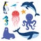 Sea animals big set. Cute flat style sea creature characters. Penguin, whale, seal, seahorse, dolphin, octopus, jellyfish,