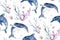 Sea animals blue watercolor ocean seamless pettern fish, turtle, whale and coral. Shell aquarium background. Nautical