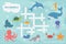 Sea animals crossword. Kids crossword puzzle game, underwater marine animals, octopus, turtle and whale vector