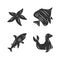 Sea animals glyph icons set. Starfish, butterflyfish, shark, seal. Ocean underwater wildlife. Aquatic fish species