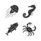 Sea animals glyph icons set. Swimming tuna, crab, seahorse, jellyfish. Seafood restaurant menu. Marine fauna. Undersea