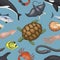 Sea animals illustration tropical character wildlife marine aquatic tropic fishes sealess pattern vector background