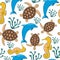 Sea animals seamless pattern. Cute aquatic turtle, seahorse and dolphin.