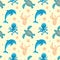 Sea animals. Seamless pattern with sea animals. Dolphin, octopus and turtle with algae and starfish. Children's