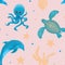 Sea animals. Seamless pattern with sea animals. Dolphin, octopus and turtle with algae and starfish. Children's