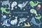 Sea animals set, cute baby whales, sharks, rays and jellyfish on a blue background with flowers and bubbles.