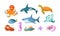 Sea animals set. Nautical undersea shellfish, fish, mammals. Childish dolphin, shark, octopus