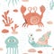 Sea baby cute seamless pattern. Sweet crab, snail, jellyfish, corals print