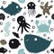 Sea baby cute seamless pattern. Sweet dolphin, jellyfish, starfish, seahorse, octopus, crab, fugue fish, whale print
