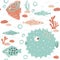 Sea baby cute seamless pattern. Sweet fish and fugue, algae, corals print