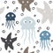 Sea baby cute seamless pattern. Sweet jellyfish, starfish and bubbles print