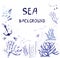 Sea background for the card with fishes, corals