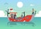 Sea background with fishers on ship or boat, flat vector illustration isolated.