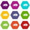 Sea bass fish icon set color hexahedron