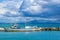 Sea bay with calm turquoise water and old fisher boat