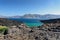 Sea bay with moored ships near volcano of Santorini island, Greece