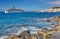 Sea bay with a ship in Los Cristianos, Tenerife.Canary Islands