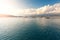 Sea Bay with ships. Beautiful cloudy sky at sunset