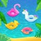 Sea beach with colorful floats in water, vector illustration. Kids inflatable toys flamingo, duck, donut, unicorn.