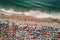 Sea beach with colorful umbrellas and relaxing people, top view. Generative AI