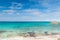 Sea beach in Great stirrup cay, Bahamas on sunny day. Seascape with turquoise water on blue sky. Summer vacation on caribbean isla