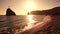 Sea beach horizon. Sea waves with soft, foamy waters washing multicolored pebbles on a beach during sunset. Nobody