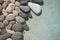 Sea beach pure water stones harmony nature landscape top view. Pebble seaside tranquility scenery