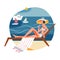 Sea beach relax of sunbathing happy girl in bikini and hat, lady lying on deckchair